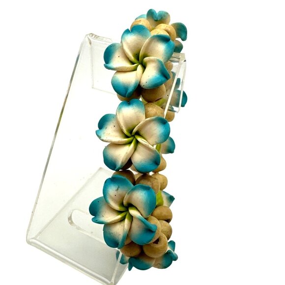 Hawaiian Blue Plumeria Flower Stretch Bracelet Handmade Fimo Wood Beads Aloha - Picture 2 of 7